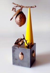 Bradley Corso bronze sculpture, yellow cone, bronze lemon