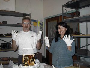Jeff Davenport and Tom Bollinger white gloves, polished sculpture