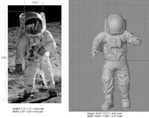 Photograph of astronaut on moon and 3d rendering of figure