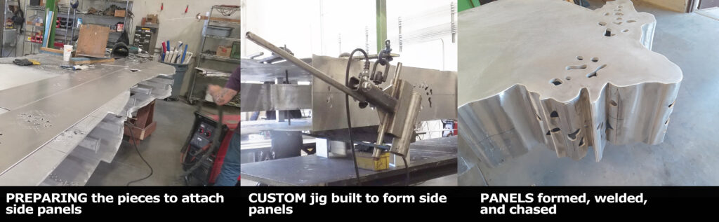 A horizontal images with three sections: First are the panels of the cut-out figures being laid out, next shows a custom jig forming the side panels. Finally, a close up shot on a figure's side with panels formed, welded, and chased to a shiny finish.