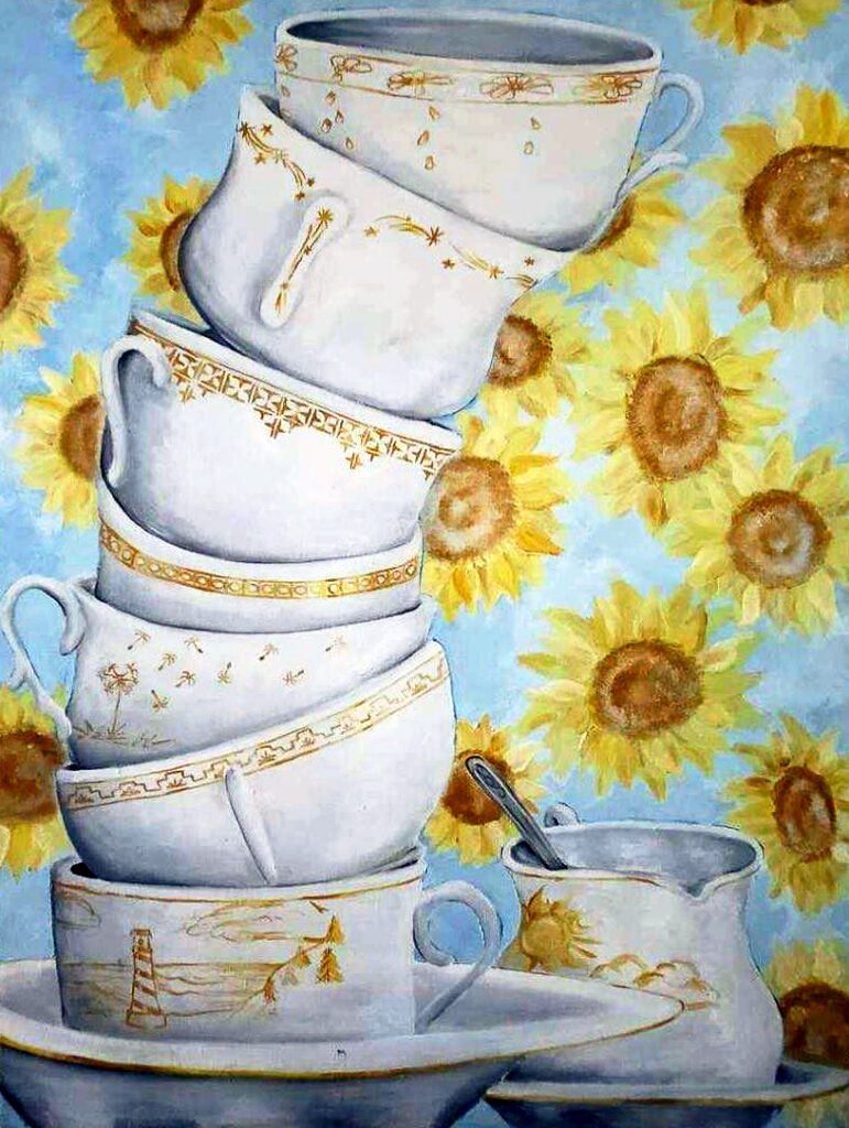 Acrylic painting of stacked tea cups in front of a sunflower background