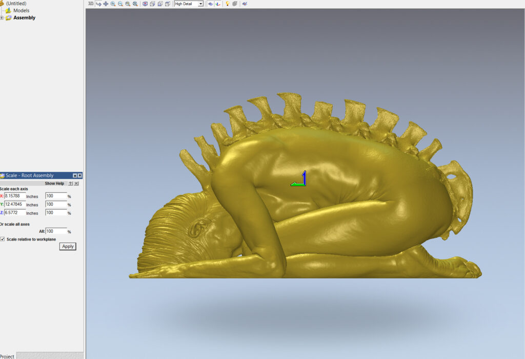 3D-rendered sculpture of a person in a fetal position with an exaggerated spine structure resembling exposed vertebrae.