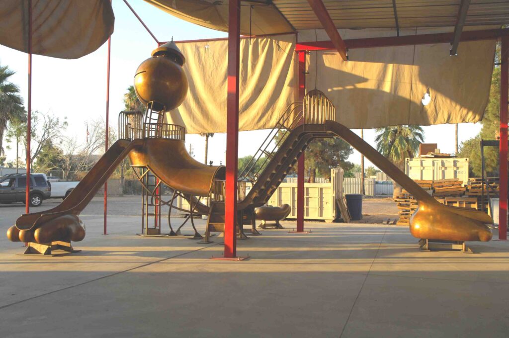 Tom Otterness’ Big Boy Playground at the foundry, showing newly cast bronze with an applied patina
