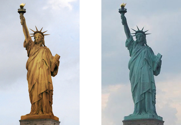 Side-by-side comparison of the Statue of Liberty, showing a speculative original bright bronze appearance alongside its current green bronze patina caused by long-term oxidation.