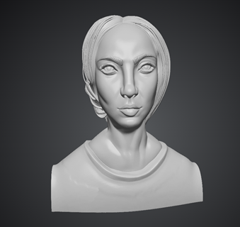 A light grey 3D rendering on a dark background of a young woman, with large eyes and long hair