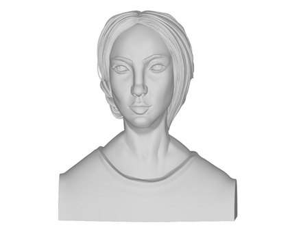 A grey 3D rendering of a woman - it is similar to the previous rendering but the features have been adjusted to look softer and more in line with the expression of the sketch