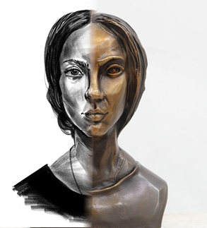 An image with the original black and white portrait sketch fading into a photo of the final bronze sculpture, showing the continuity of the design.