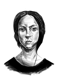 A black and white digital drawing of a woman with her hair pulled back